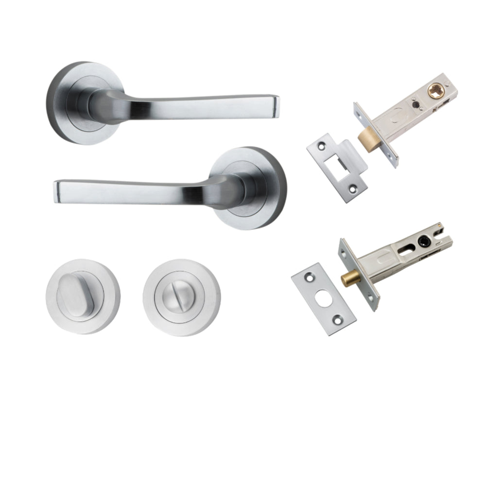 Door Lever Annecy Round Rose Pair Brushed Chrome D52xP65mm Privacy Kit, Tube Latch Split Cam 'T' Striker Brushed Chrome Backset 60mm, Privacy Bolt Round Bolt Brushed Chrome Backset 60mm, Privacy Turn Oval Concealed Fix Round Brushed Chrome D52xP23mm in Br
