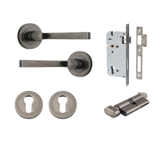 Door Lever Annecy Round Rose Pair Distressed Nickel D52xP65mm Entrance Kit, Mortice Lock Euro Distressed Nickel CTC85mm Backset 60mm, Euro Cylinder Key Thumb 6 Pin Distressed Nickel L70mm KA1, Escutcheon Euro Concealed Fix Round Pair Distressed Ni… in Dis