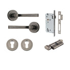 Door Lever Annecy Round Rose Pair Distressed Nickel D52xP65mm Entrance Kit, Mortice Lock Euro Distressed Nickel CTC85mm Backset 60mm, Euro Cylinder Key Thumb 6 Pin Distressed Nickel L70mm KA1, Escutcheon Euro Concealed Fix Round Pair Distressed Ni… in Distressed Nickel