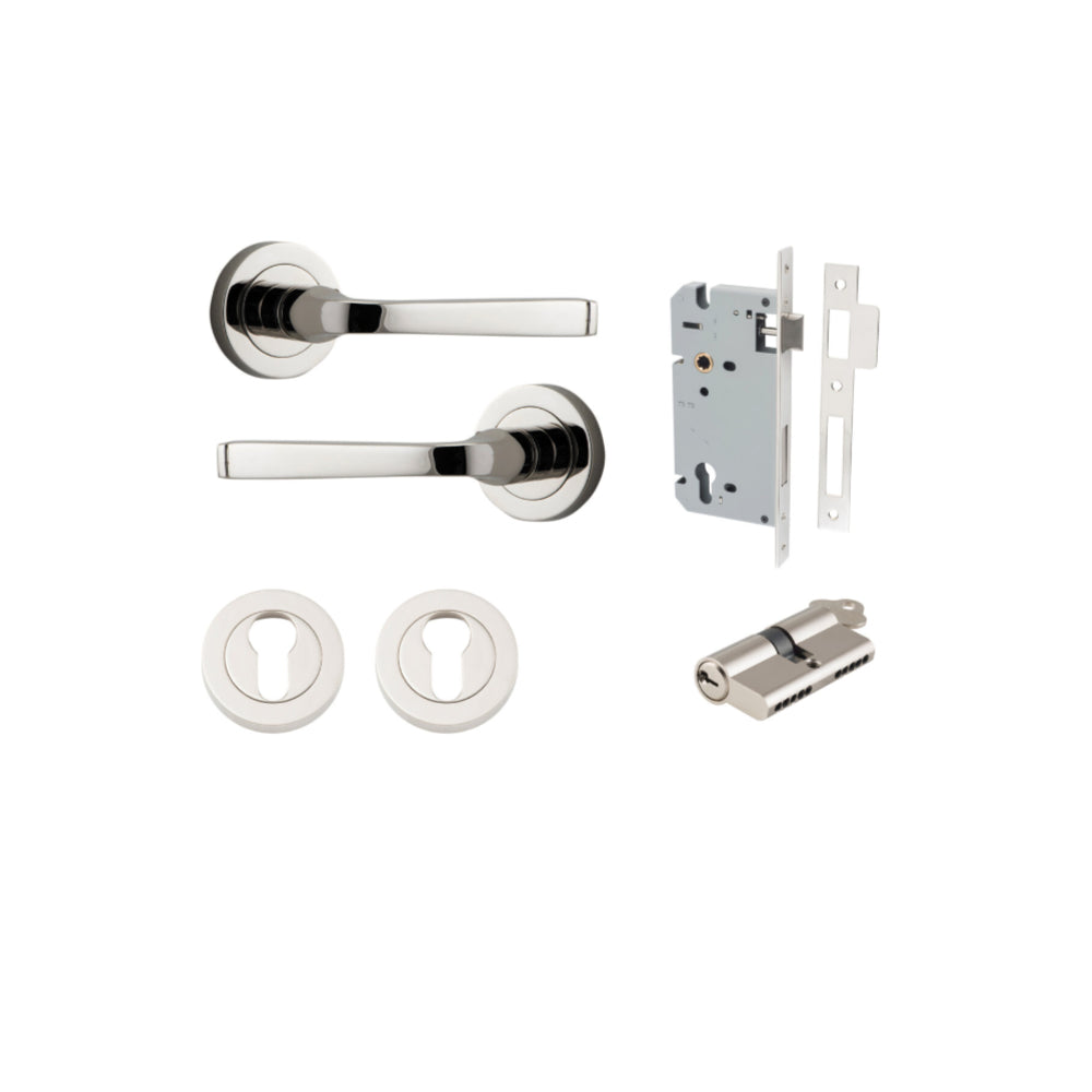 Door Lever Annecy Round Rose Pair Polished Nickel D52xP65mm Entrance Kit, Mortice Lock Euro Polished Nickel CTC85mm Backset 60mm, Euro Cylinder Dual Function 5 Pin Polished Nickel L65mm KA1, Escutcheon Euro Concealed Fix Round Pair Polished Nickel… in Pol
