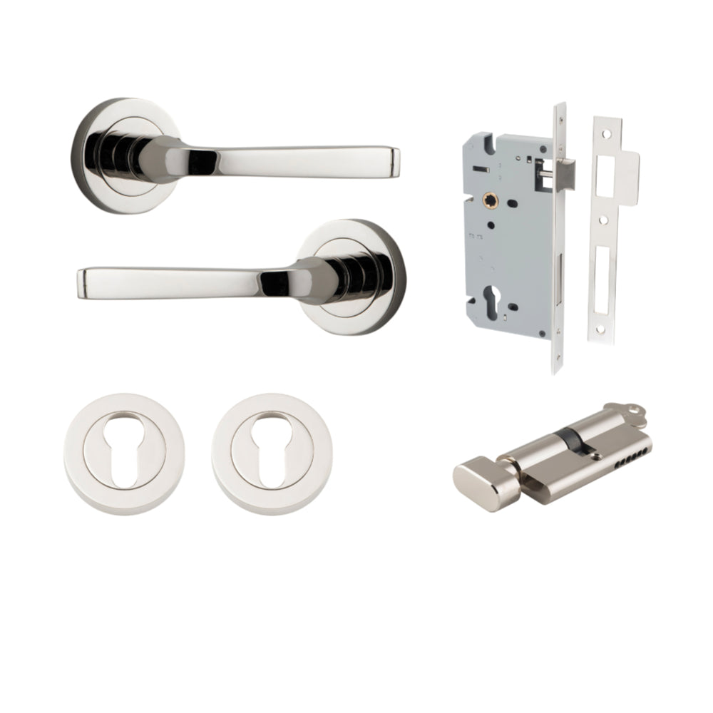 Door Lever Annecy Round Rose Pair Polished Nickel D52xP65mm Entrance Kit, Mortice Lock Euro Polished Nickel CTC85mm Backset 60mm, Euro Cylinder Key Thumb 6 Pin Polished Nickel L70mm KA1, Escutcheon Euro Concealed Fix Round Pair Polished Nickel D52… in Pol