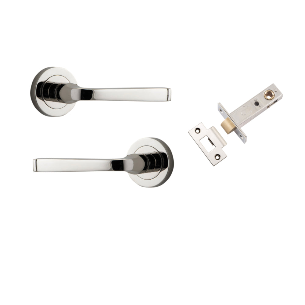 Door Lever Annecy Round Rose Pair Polished Nickel D52xP65mm Passage Kit, Tube Latch Split Cam 'T' Striker Polished Nickel Backset 60mm in Polished Nickel