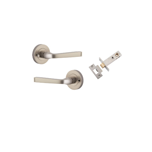 Door Lever Annecy Round Rose Inbuilt Privacy Pair Satin Nickel D58xP65mm with Tube Latch Privacy with Faceplate & T Striker Backset 60mm in Satin Nickel