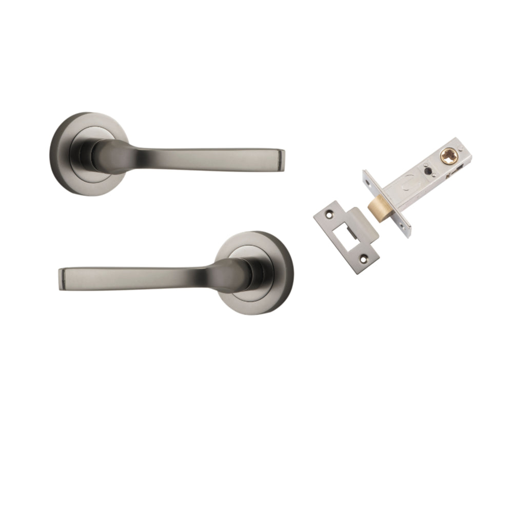 Door Lever Annecy Round Rose Pair Satin Nickel D52xP65mm Passage Kit, Tube Latch Split Cam 'T' Striker Satin Nickel Backset 60mm in Satin Nickel