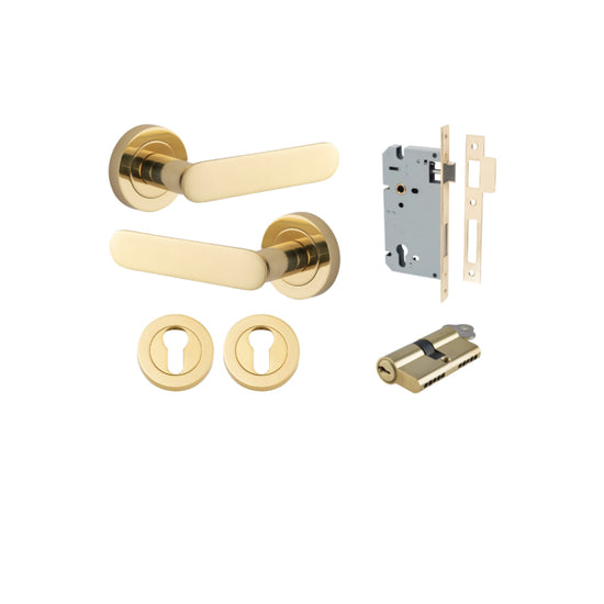 Door Lever Bronte Rose Round Pair Polished Brass L117xP56mm BPD52mm, Mortice Lock Euro Polished Brass CTC85mm Backset 60mm, Euro Cylinder Dual Function 5 Pin Polished Brass 65mm KA4, Escutcheon Euro Concealed Fix Round Pair Polished Brass D52xP10mm in Pol