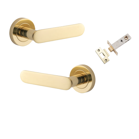 Door Lever Bronte Rose Round Polished Brass L117xP56mm BPD52mm Passage Kit, Tube Latch Split Cam 'T' Striker Polished Brass Backset 60mm in Polished Brass