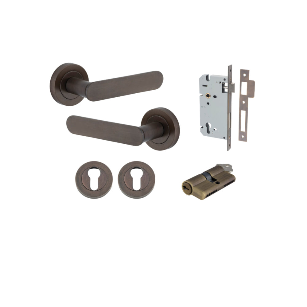 Door Lever Bronte Rose Round Pair Signature Brass L117xP56mm BPD52mm, Mortice Lock Euro Signature Brass CTC85mm Backset 60mm, Euro Cylinder Dual Function 5 Pin Signature Brass 65mm KA4, Escutcheon Euro Concealed Fix Round Pair D52xP10mm in Signature Brass