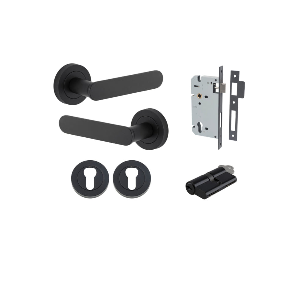 Door Lever Bronte Rose Round Pair Matt Black L117xP56mm BPD52mm, Mortice Lock Euro Matt Black CTC85mm Backset 60mm, Euro Cylinder Dual Function 5 Pin Matt Black 65mm KA4, Escutcheon Euro Concealed Fix Round Pair Matt Black D52xP10mm in Matt Black