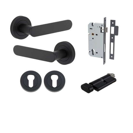 Door Lever Bronte Rose Round Pair Matt Black L117xP56mm BPD52mm, Mortice Lock Euro Matt Black CTC85mm Backset 60mm, Euro Cylinder Key Thumb 5 Pin Matt Black 65mm KA4, Escutcheon Euro Concealed Fix Round Pair Matt Black D52xP10mm in Matt Black