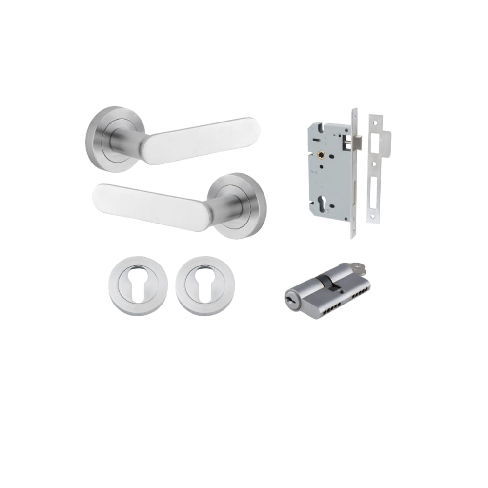 Door Lever Bronte Rose Round Pair Brushed Chrome L117xP56mm BPD52mm, Mortice Lock Euro Brushed Chrome CTC85mm Backset 60mm, Euro Cylinder Dual Function 5 Pin Brushed Chrome 65mm KA4, Escutcheon Euro Concealed Fix Round Pair Brushed Chrome D52xP10mm in Bru