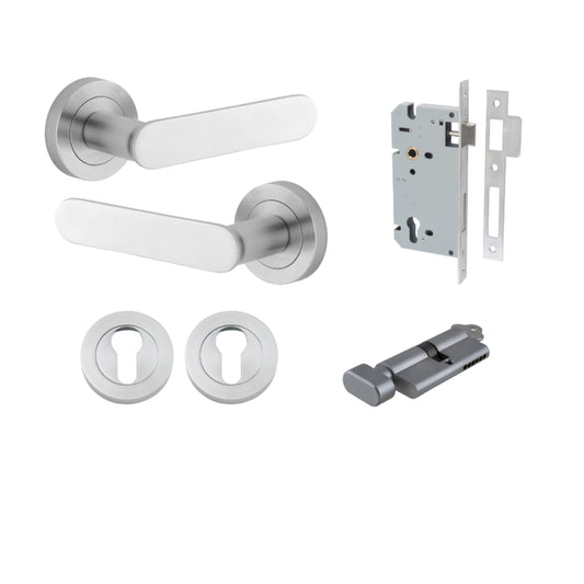 Door Lever Bronte Rose Round Pair Brushed Chrome L117xP56mm BPD52mm, Mortice Lock Euro Brushed Chrome CTC85mm Backset 60mm, Euro Cylinder Key Thumb 5 Pin Brushed Chrome 65mm KA4, Escutcheon Euro Concealed Fix Round Pair Brushed Chrome D52xP10mm in Brushed