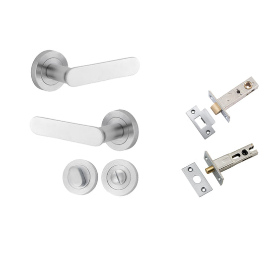 Door Lever Bronte Rose Round Brushed Chrome L117xP56mm BPD52mm Privacy Kit, Tube Latch Split Cam 'T' Striker Brushed Chrome Backset 60mm, Privacy Bolt Round Bolt Brushed Chrome Backset 60mm, Privacy Turn Oval Concealed Fix Round D52xP23mm in Brushed Chrom