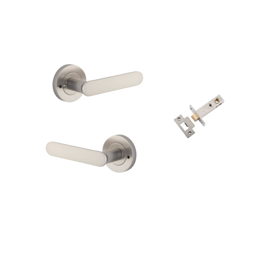 Door Lever Bronte Rose Round Satin Nickel L117xP56mm BPD52mm Inbuilt Privacy Kit, Tube Latch Privacy with Faceplate & T striker Backset 60mm in Satin Nickel