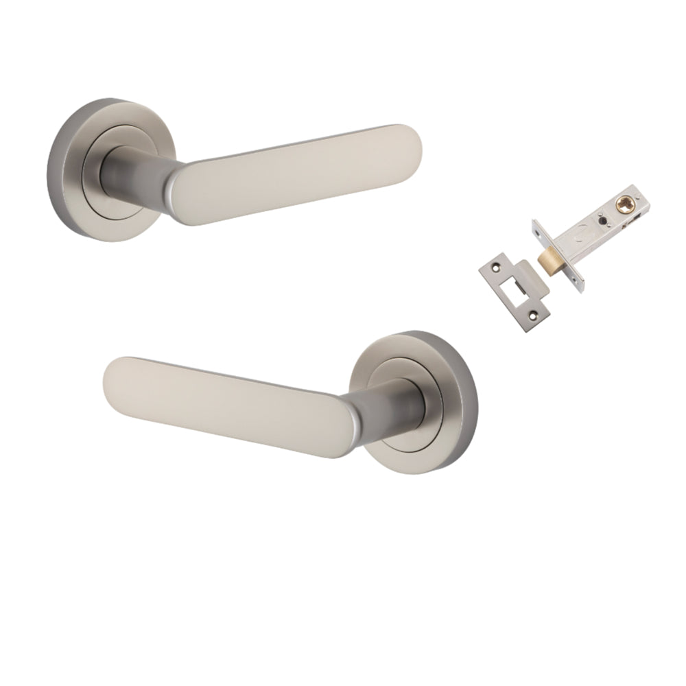 Door Lever Bronte Rose Round Satin Nickel L117xP56mm BPD52mm Passage Kit, Tube Latch Split Cam 'T' Striker Satin Nickel Backset 60mm in Satin Nickel