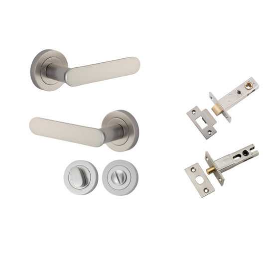 Door Lever Bronte  Rose Round Satin Nickel L117xP56mm BPD52mm Privacy Kit, Tube Latch Split Cam 'T' Striker Satin Nickel Backset 60mm, Privacy Bolt Round Bolt Satin Nickel Backset 60mm, Privacy Turn Oval Concealed Fix Round Satin Nickel D52xP23mm in Satin