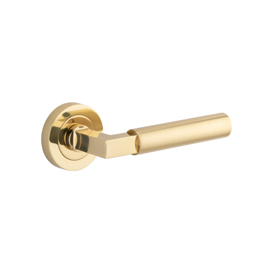 Door Lever Berlin Round Rose Pair Polished Brass L139xP60mm BPD52mm in Polished Brass