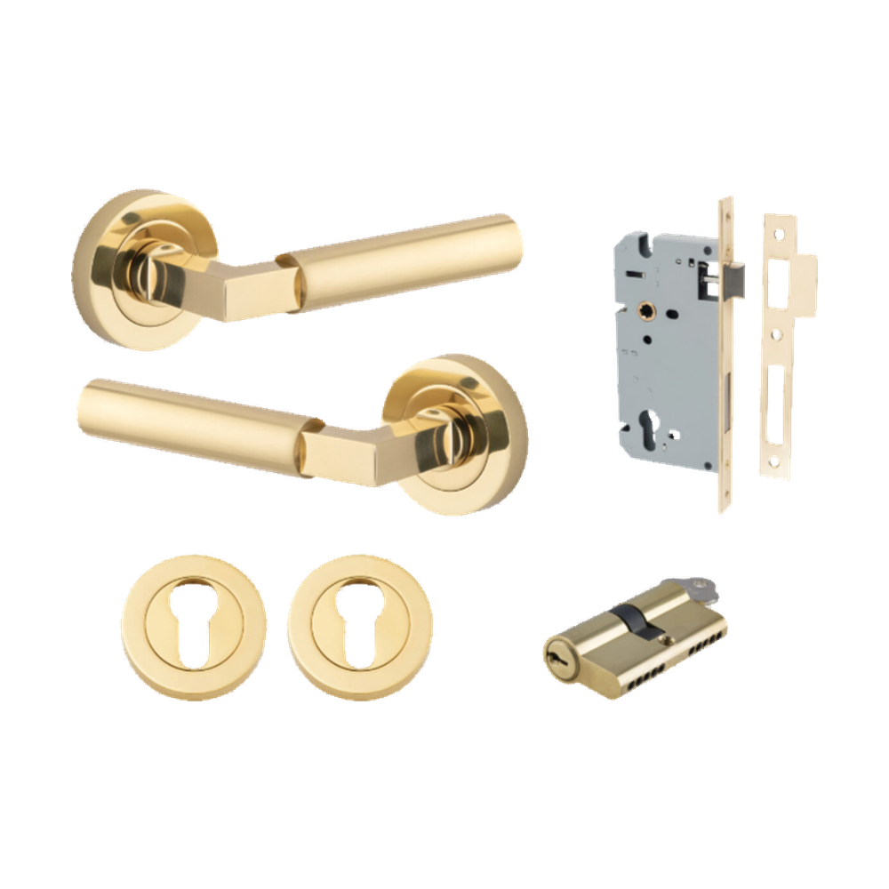 Door Lever Berlin Rose Round Pair Polished Brass L120xP60mm BPD52mm, Mortice Lock Euro Polished Brass CTC85mm Backset 60mm, Euro Cylinder Dual Function 5 Pin Polished Brass 65mm KA4, Escutcheon Euro Concealed Fix Round Pair Polished Brass D52xP10mm in Polished Brass