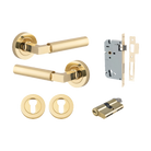 Door Lever Berlin Rose Round Pair Polished Brass L120xP60mm BPD52mm, Mortice Lock Euro Polished Brass CTC85mm Backset 60mm, Euro Cylinder Dual Function 5 Pin Polished Brass 65mm KA4, Escutcheon Euro Concealed Fix Round Pair Polished Brass D52xP10mm in Polished Brass