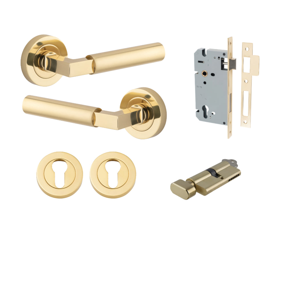 Door Lever Berlin Rose Round Pair Polished Brass L120xP60mm BPD52mm, Mortice Lock Euro Polished Brass CTC85mm Backset 60mm, Euro Cylinder Key Thumb 5 Pin Polished Brass 65mm KA4, Escutcheon Euro Concealed Fix Round Pair Polished Brass D52xP10mm in Polishe