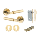Door Lever Berlin Rose Round Pair Polished Brass L120xP60mm BPD52mm, Mortice Lock Euro Polished Brass CTC85mm Backset 60mm, Euro Cylinder Key Thumb 5 Pin Polished Brass 65mm KA4, Escutcheon Euro Concealed Fix Round Pair Polished Brass D52xP10mm in Polished Brass