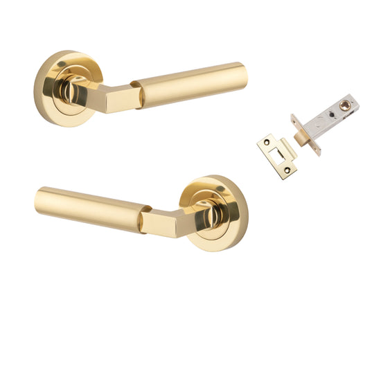 Door Lever Berlin Rose Round Polished Brass L120xP60mm BPD52mm Passage Kit, Tube Latch Split Cam 'T' Striker Polished Brass Backset 60mm in Polished Brass