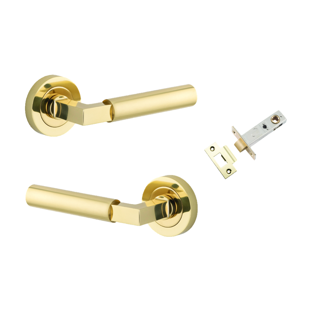 Door Lever Berlin Rose Round Polished Brass L120xP60mm BPD52mm Passage Kit, Tube Latch Split Cam 'T' Striker Polished Brass Backset 60mm in Polished Brass