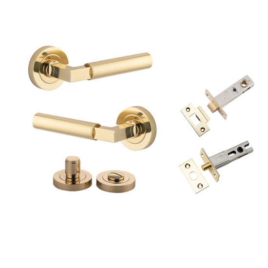 Door Lever Berlin Rose Round Polished Brass L120xP60mm BPD52mm Privacy Kit, Tube Latch Split Cam 'T' Striker Polished Brass Backset 60mm, Privacy Bolt Round Bolt Polished Brass Backset 60mm, Privacy Turn Berlin Concealed Fix Round D52xP35mm in Polished Br