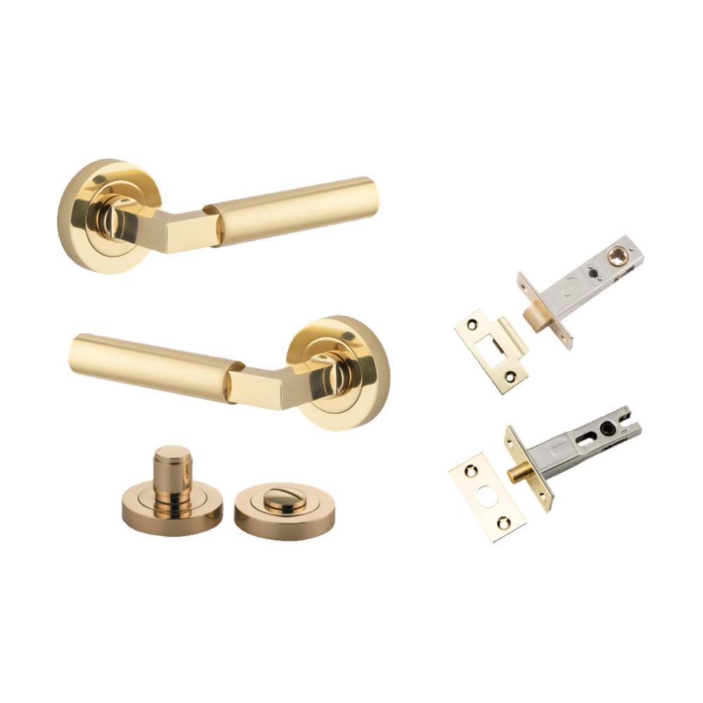 Door Lever Berlin Rose Round Polished Brass L120xP60mm BPD52mm Privacy Kit, Tube Latch Split Cam 'T' Striker Polished Brass Backset 60mm, Privacy Bolt Round Bolt Polished Brass Backset 60mm, Privacy Turn Berlin Concealed Fix Round D52xP35mm in Polished Brass