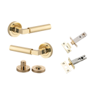 Door Lever Berlin Rose Round Polished Brass L120xP60mm BPD52mm Privacy Kit, Tube Latch Split Cam 'T' Striker Polished Brass Backset 60mm, Privacy Bolt Round Bolt Polished Brass Backset 60mm, Privacy Turn Berlin Concealed Fix Round D52xP35mm in Polished Brass