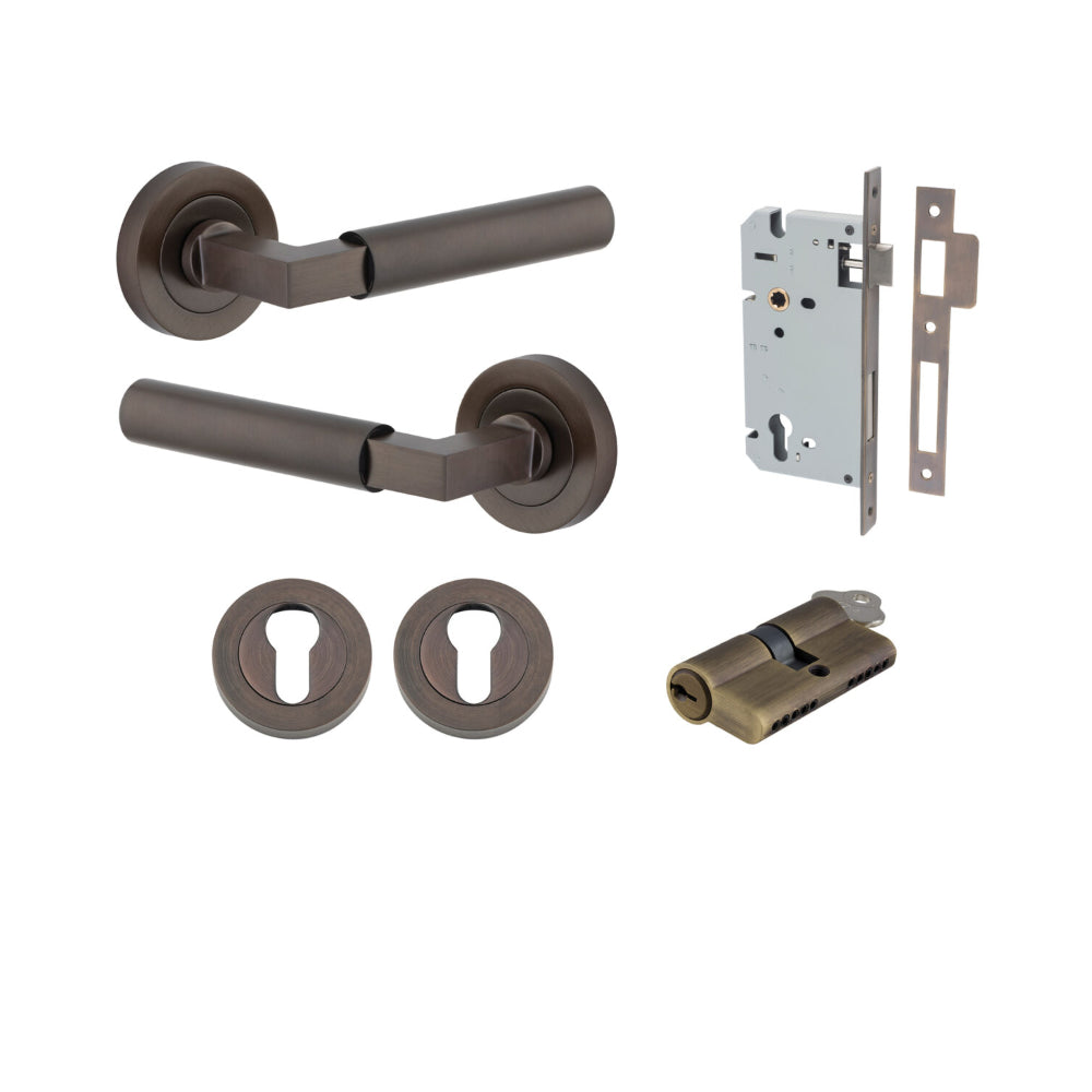 Door Lever Berlin Rose Round Pair Signature Brass L120xP60mm BPD52mm, Mortice Lock Euro Signature Brass CTC85mm Backset 60mm, Euro Cylinder Dual Function 5 Pin Signature Brass 65mm KA4, Escutcheon Euro Concealed Fix Round Pair D52xP10mm in Signature Brass