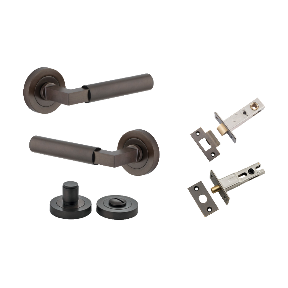 Door Lever Berlin Rose Round Signature Brass L120xP60mm BPD52mm Privacy Kit, Tube Latch Split Cam 'T' Striker Signature Brass Backset 60mm, Privacy Bolt Round Bolt Signature Brass Backset 60mm, Privacy Turn Berlin Concealed Fix Round D52xP35mm in Signature Brass