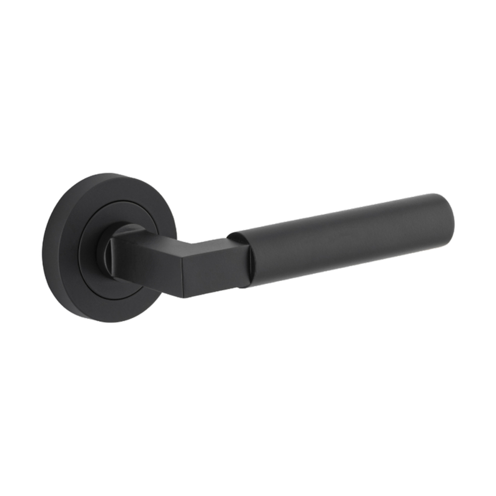 Door Lever Berlin Round Rose Pair Matt Black L139xP60mm BPD52mm in Matt Black