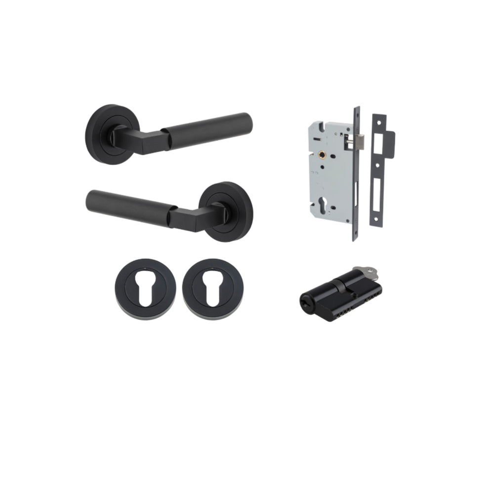 Door Lever Berlin Rose Round Pair Matt Black L120xP60mm BPD52mm, Mortice Lock Euro Matt Black CTC85mm Backset 60mm, Euro Cylinder Dual Function 5 Pin Matt Black 65mm KA4, Escutcheon Euro Concealed Fix Round Pair Matt Black D52xP10mm in Matt Black