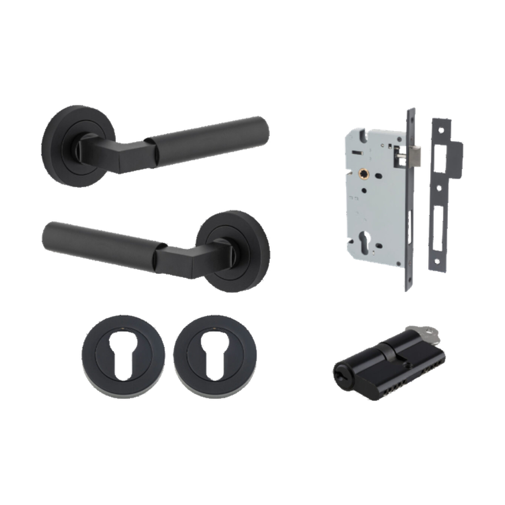 Door Lever Berlin Rose Round Pair Matt Black L120xP60mm BPD52mm, Mortice Lock Euro Matt Black CTC85mm Backset 60mm, Euro Cylinder Dual Function 5 Pin Matt Black 65mm KA4, Escutcheon Euro Concealed Fix Round Pair Matt Black D52xP10mm in Matt Black