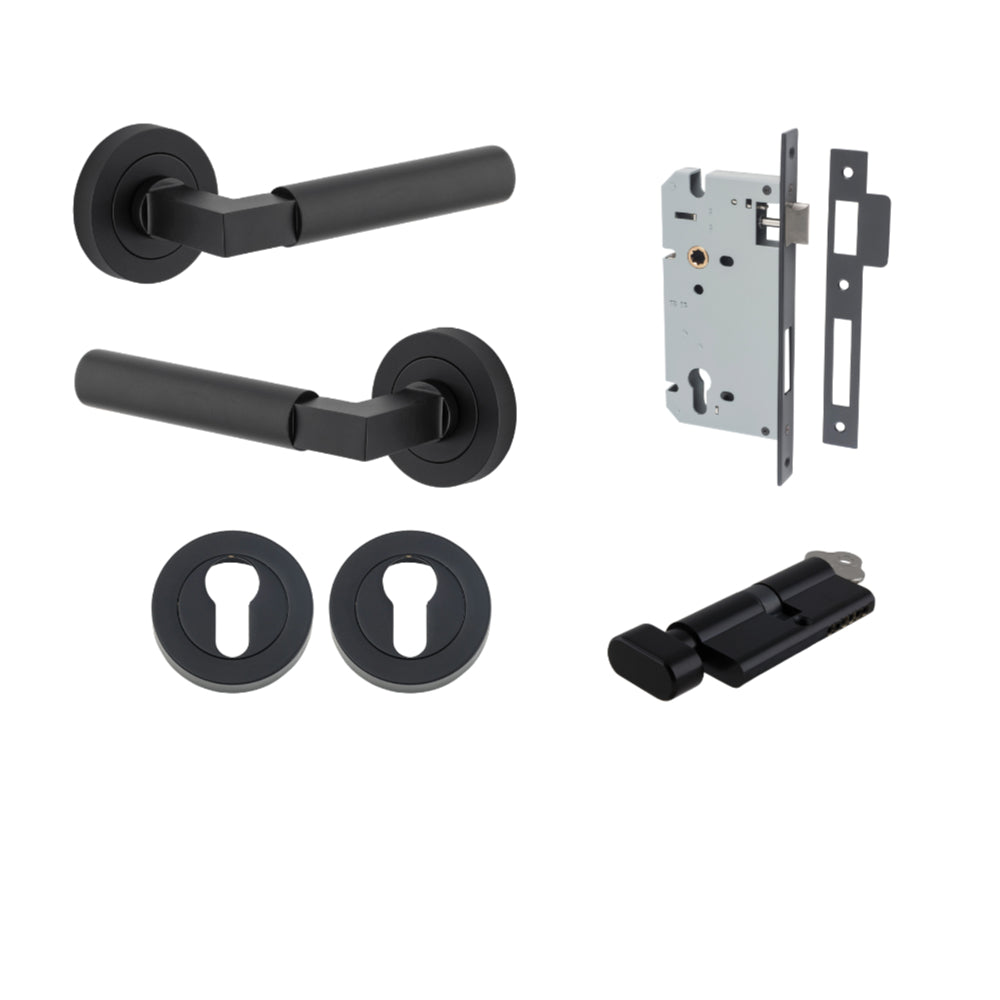 Door Lever Berlin Rose Round Pair Matt Black L120xP60mm BPD52mm, Mortice Lock Euro Matt Black CTC85mm Backset 60mm, Euro Cylinder Key Thumb 5 Pin Matt Black 65mm KA4, Escutcheon Euro Concealed Fix Round Pair Matt Black D52xP10mm in Matt Black