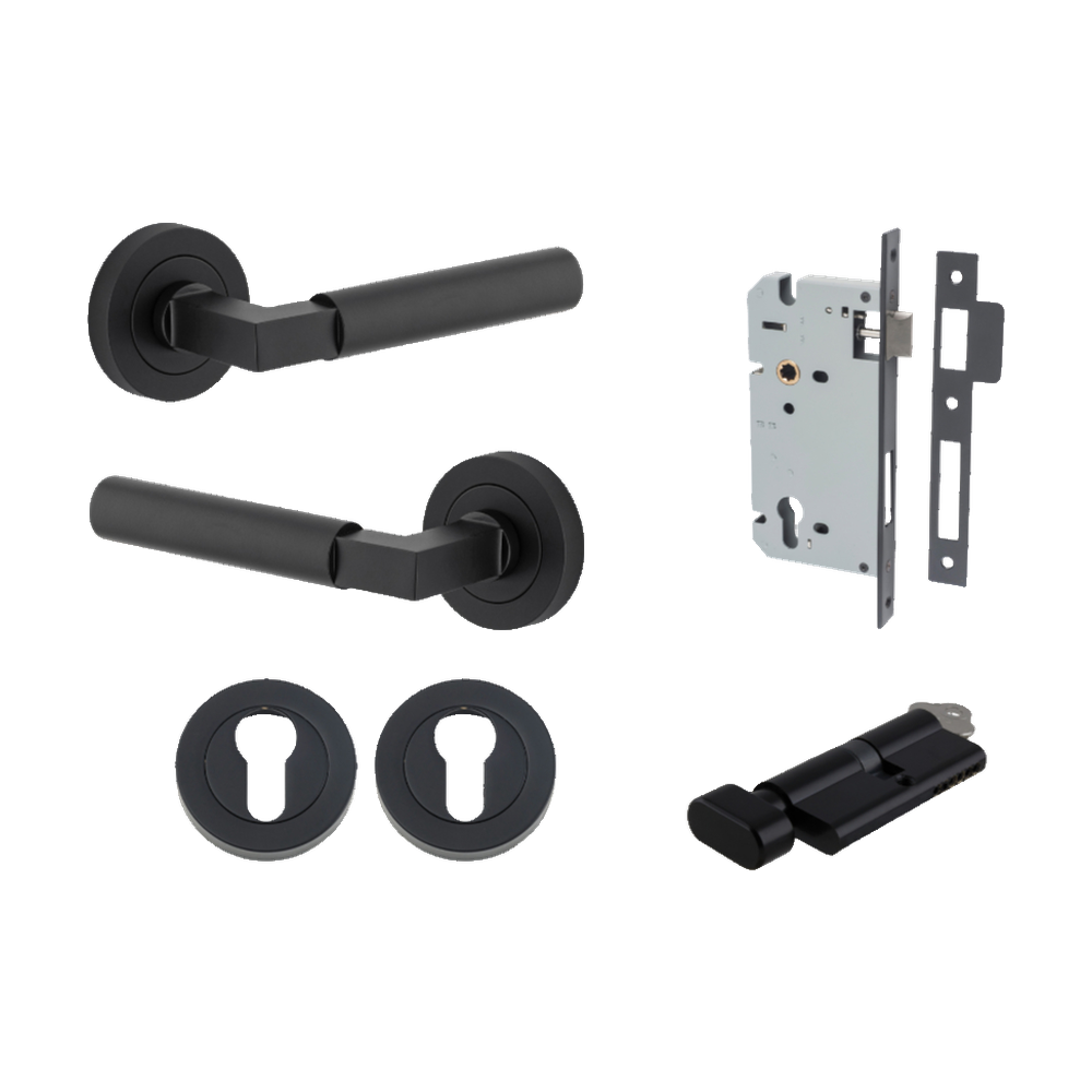 Door Lever Berlin Rose Round Pair Matt Black L120xP60mm BPD52mm, Mortice Lock Euro Matt Black CTC85mm Backset 60mm, Euro Cylinder Key Thumb 5 Pin Matt Black 65mm KA4, Escutcheon Euro Concealed Fix Round Pair Matt Black D52xP10mm in Matt Black