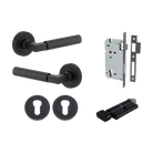 Door Lever Berlin Rose Round Pair Matt Black L120xP60mm BPD52mm, Mortice Lock Euro Matt Black CTC85mm Backset 60mm, Euro Cylinder Key Thumb 5 Pin Matt Black 65mm KA4, Escutcheon Euro Concealed Fix Round Pair Matt Black D52xP10mm in Matt Black