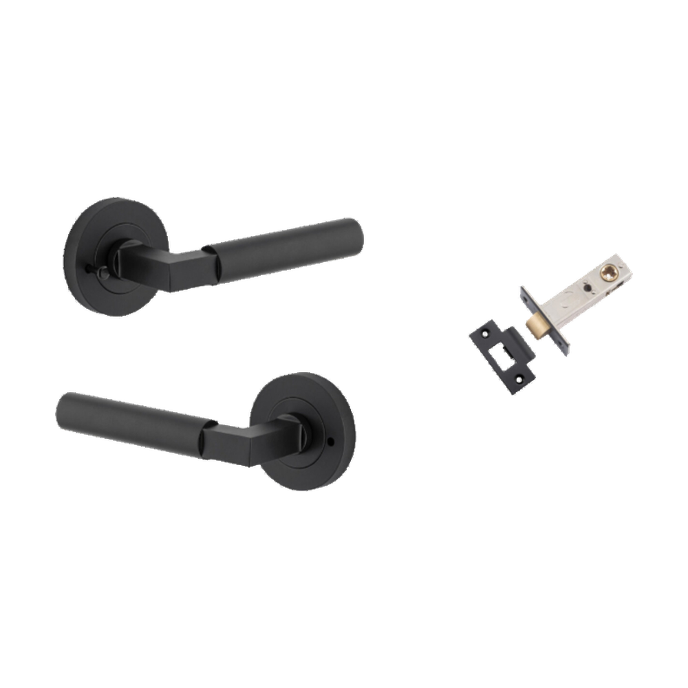 Door Lever Berlin Rose Round Matt Black L120xP60mm BPD52mm Inbuilt Privacy Kit, Tube Latch Privacy with Faceplate & T striker Backset 60mm in Matt Black