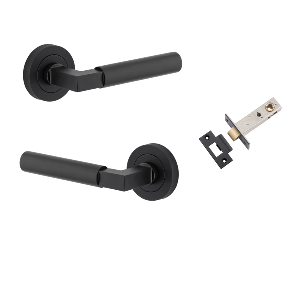 Door Lever Berlin Rose Round Matt Black L120xP60mm BPD52mm Passage Kit, Tube Latch Split Cam 'T' Striker Matt Black Backset 60mm in Matt Black