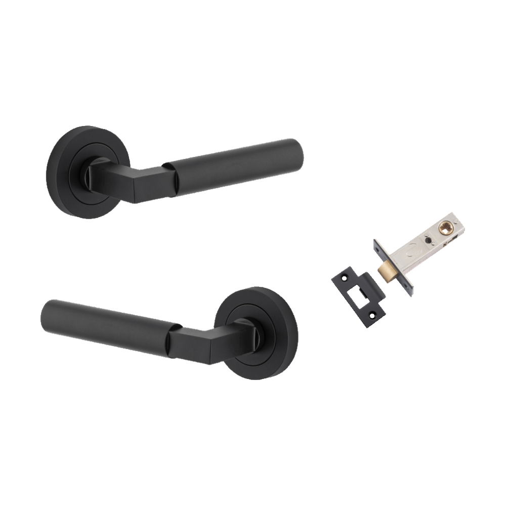 Door Lever Berlin Rose Round Matt Black L120xP60mm BPD52mm Passage Kit, Tube Latch Split Cam 'T' Striker Matt Black Backset 60mm in Matt Black