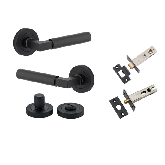 Door Lever Berlin Rose Round Matt Black L120xP60mm BPD52mm Privacy Kit, Tube Latch Split Cam 'T' Striker Matt Black Backset 60mm, Privacy Bolt Round Bolt Matt Black Backset 60mm, Privacy Turn Berlin Concealed Fix Round Matt Black D52xP35mm in Matt Black