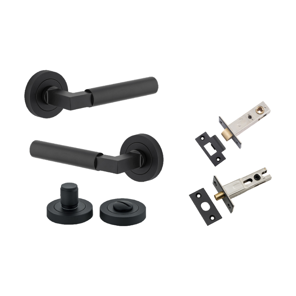 Door Lever Berlin Rose Round Matt Black L120xP60mm BPD52mm Privacy Kit, Tube Latch Split Cam 'T' Striker Matt Black Backset 60mm, Privacy Bolt Round Bolt Matt Black Backset 60mm, Privacy Turn Berlin Concealed Fix Round Matt Black D52xP35mm in Matt Black