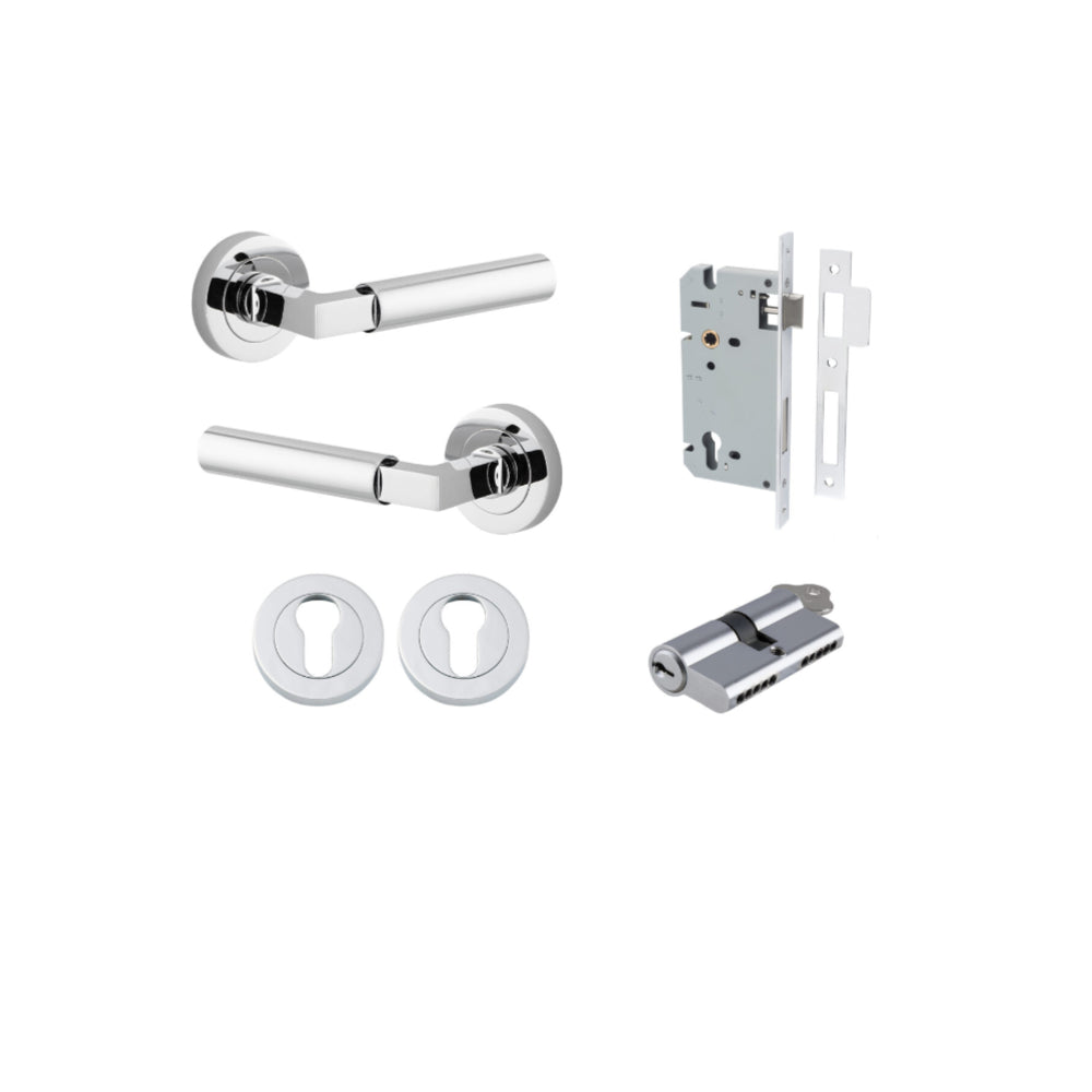 Door Lever Berlin Rose Round Pair Polished Chrome L120xP60mm BPD52mm, Mortice Lock Euro Polished Chrome CTC85mm Backset 60mm, Euro Cylinder Dual Function 5 Pin Polished Chrome 65mm KA4, Escutcheon Euro Concealed Fix Round Pair D52xP10mm in Polished Chrome