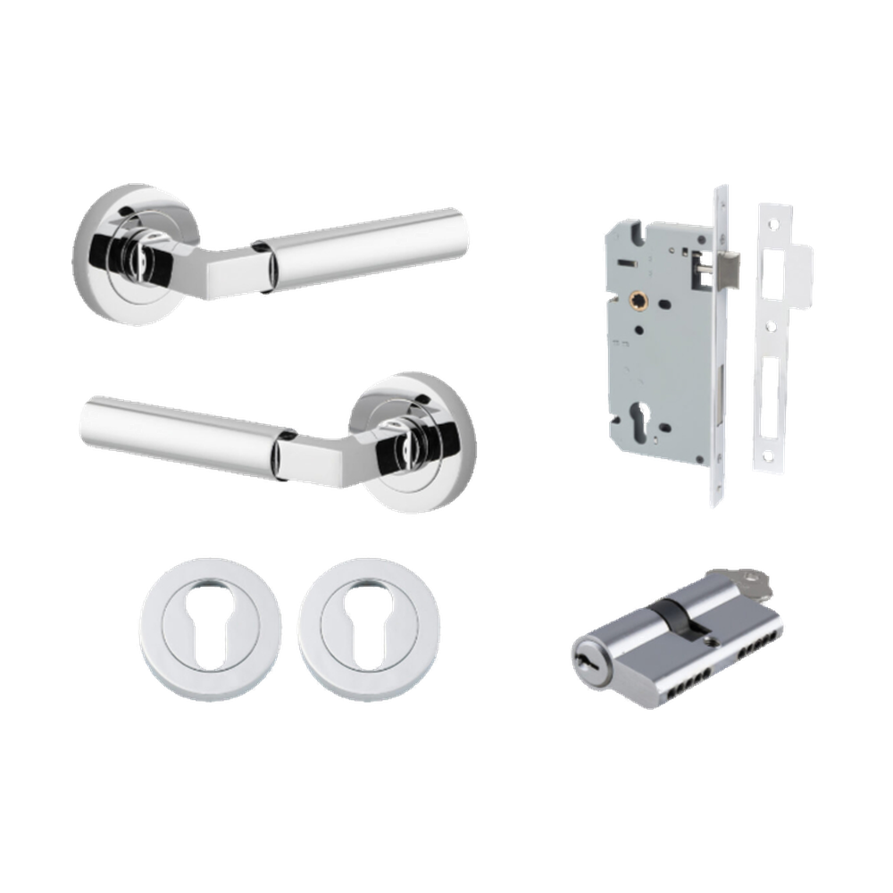 Door Lever Berlin Rose Round Pair Polished Chrome L120xP60mm BPD52mm, Mortice Lock Euro Polished Chrome CTC85mm Backset 60mm, Euro Cylinder Dual Function 5 Pin Polished Chrome 65mm KA4, Escutcheon Euro Concealed Fix Round Pair D52xP10mm in Polished Chrome