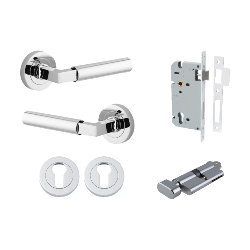 Door Lever Berlin Rose Round Pair Polished Chrome L120xP60mm BPD52mm, Mortice Lock Euro Polished Chrome CTC85mm Backset 60mm, Euro Cylinder Key Thumb 5 Pin Polished Chrome 65mm KA4, Escutcheon Euro Concealed Fix Round Pair Polished Chrome D52xP10mm in Polished Chrome