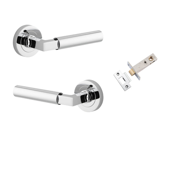 Door Lever Berlin Rose Round Polished Chrome L120xP60mm BPD52mm Passage Kit, Tube Latch Split Cam 'T' Striker Polished Chrome Backset 60mm in Polished Chrome