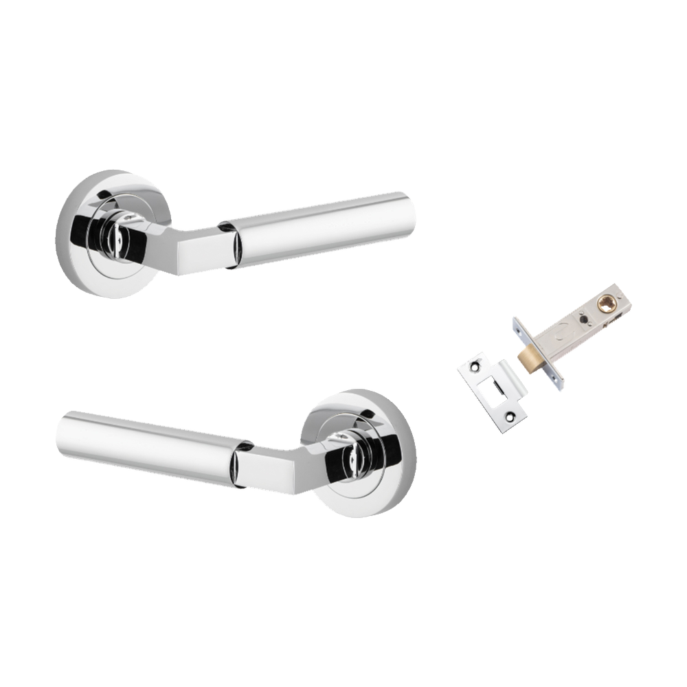 Door Lever Berlin Rose Round Polished Chrome L120xP60mm BPD52mm Passage Kit, Tube Latch Split Cam 'T' Striker Polished Chrome Backset 60mm in Polished Chrome