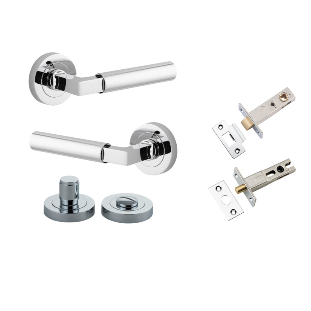 Door Lever Berlin Rose Round Polished Chrome L120xP60mm BPD52mm Privacy Kit, Tube Latch Split Cam 'T' Striker Polished Chrome Backset 60mm, Privacy Bolt Round Bolt Polished Chrome Backset 60mm, Privacy Turn Berlin Concealed Fix Round D52xP35mm in Polished