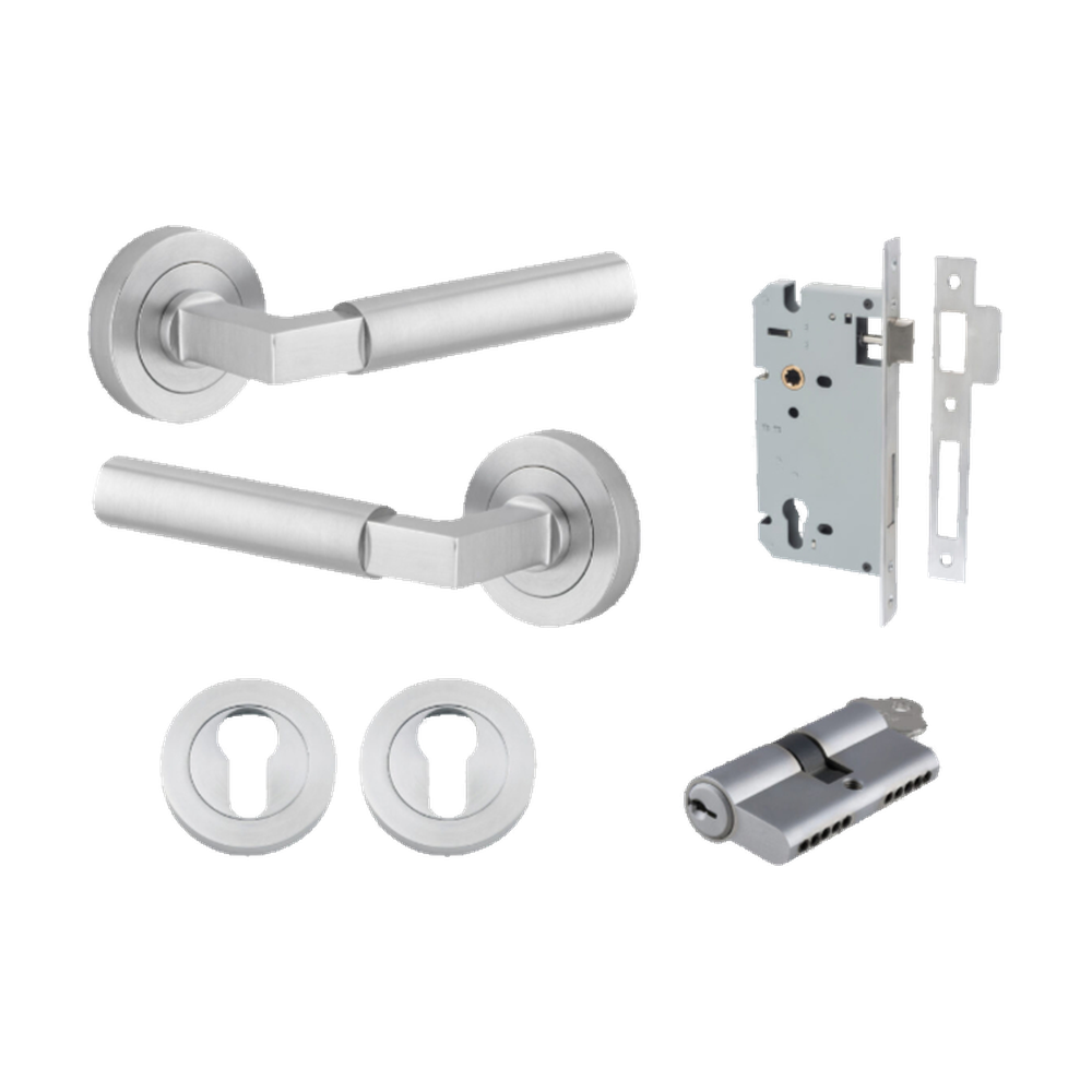 Door Lever Berlin Rose Round Pair Brushed Chrome L120xP60mm BPD52mm, Mortice Lock Euro Brushed Chrome CTC85mm Backset 60mm, Euro Cylinder Dual Function 5 Pin Brushed Chrome 65mm KA4, Escutcheon Euro Concealed Fix Round Pair Brushed Chrome D52xP10mm in Brushed Chrome