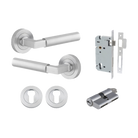 Door Lever Berlin Rose Round Pair Brushed Chrome L120xP60mm BPD52mm, Mortice Lock Euro Brushed Chrome CTC85mm Backset 60mm, Euro Cylinder Dual Function 5 Pin Brushed Chrome 65mm KA4, Escutcheon Euro Concealed Fix Round Pair Brushed Chrome D52xP10mm in Brushed Chrome